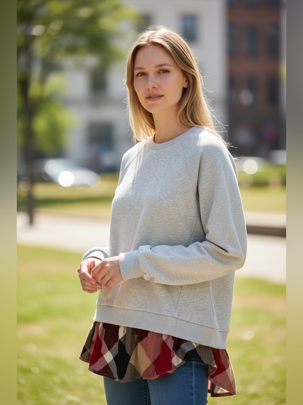 Blue Label Sleeve Tee in Light Cream with Plaid Trim